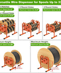 Heavy-Duty Adjustable Wire Dispenser And Welded Steel Spool Rack For Heavy Cables Portable Cable Caddy shown with various spool sizes.