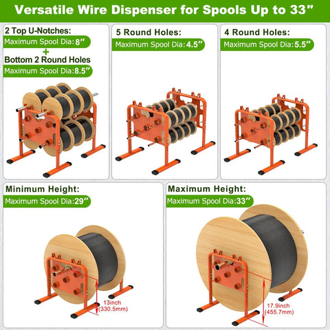 Heavy-Duty Adjustable Wire Dispenser And Welded Steel Spool Rack For Heavy Cables Portable Cable Caddy shown with various spool sizes.
