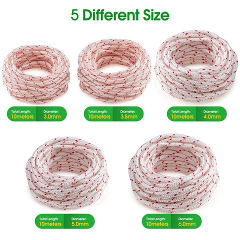 Five coil bundles of starter rope in different diameters for Replacement Recoil Starter Rope For Husqvarna Stihl Craftsman Lawn Mower Trimmer Chainsaw.