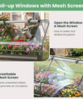 Metal Raised Garden Bed With Cover And Mini Greenhouse showcasing open roll-up windows with flowers visible inside