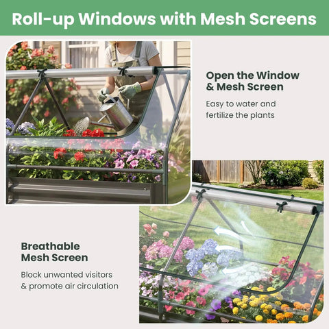 Metal Raised Garden Bed With Cover And Mini Greenhouse showcasing open roll-up windows with flowers visible inside