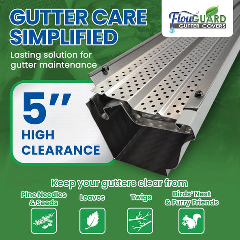 Made In The USA Pro DIY 5 Inch High Clearance Gutter Cover System With 102 Feet Matte Aluminum Gutter Guards For High Profile Brackets 50 Year Life Warranty
