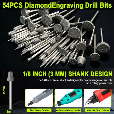 54 Piece Diamond Burrs Rotary Tool Kit With Magnetic Water Drip Cooling System And Adjustable Swivel Nozzle, various drill bits with 3mm shank design.