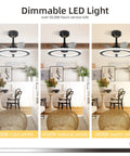 19 Inch Modern Ceiling Fan With Dimmable LED Light shown in three color temperatures in a bedroom setting.