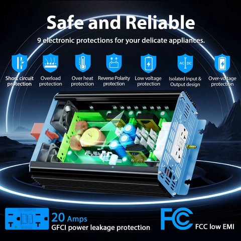 1500 Watt Pure Sine Wave Power Inverter Converts 12V DC To 120V AC with internal circuit protection features.