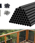 Straight Up Solid Black Aluminum Deck Balusters 26 Inch Spindles With Heavy Duty Connectors And Screws For Railing Overhaul No Fuss Quick Install 50 Pack Metal Posts stacked with screws and connectors.