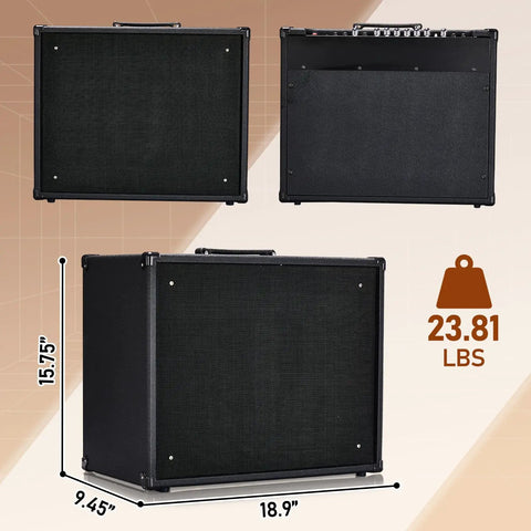 50W Electric Guitar Amp Combo With 10 Inch Speaker For Home Practice And Studio Jams, front and back panels shown, dimensions and weight included