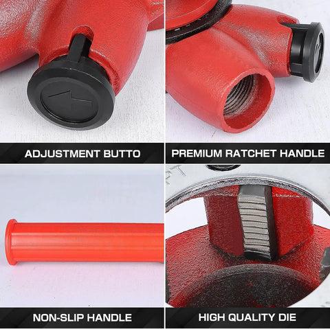 Close-up of Durable Ratchet Pipe Threading Kit With 4 Dies For 1/2, 3/4, 1 And 1-1/4 Inch Pipes showing adjustment button and handle.