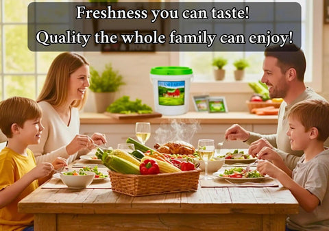 Family enjoying meal at table with fresh vegetables and Epic Heirloom Survival Seed Kit With 100,000 Plus Seeds product on counter.