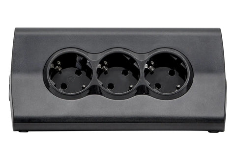 Kickstart Your Workspace Game With This Solid Three Outlet Power Strip And Dual Usb Charging Station Features sturdy black design with three AC outlets.