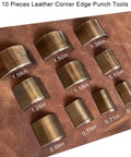 Ten Piece Leather Corner Punch Set With High Carbon Steel Edge Cutters on mat, sizes 15mm to 40mm for precise corner edges