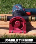 Drill Pump Attachment With Self Priming Water Transfer Pump connected to drill on grass with garden hoses, 750 GPH
