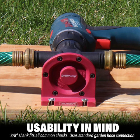 Drill Pump Attachment With Self Priming Water Transfer Pump connected to drill on grass with garden hoses, 750 GPH