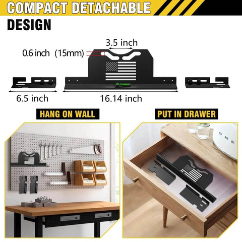 Compact detachable design of DIY Wheel Alignment Tool Kit with 2 toe alignment plates, shown on wall and in drawer.