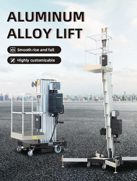Slick Plug And Play Compact Single Mast Aluminum Vertical Aerial Platform Lift With Heavy Duty Hydraulics And Fast Raising For Warehouse Narrow Aisles And Quick Maintenance Tasks Up To Twelve Meters, showcasing two aluminum lifts.