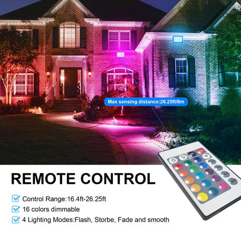 RGB LED Flood Lights 1000W Equivalent Outdoor IP66 Waterproof illuminating house with remote and color options displayed.