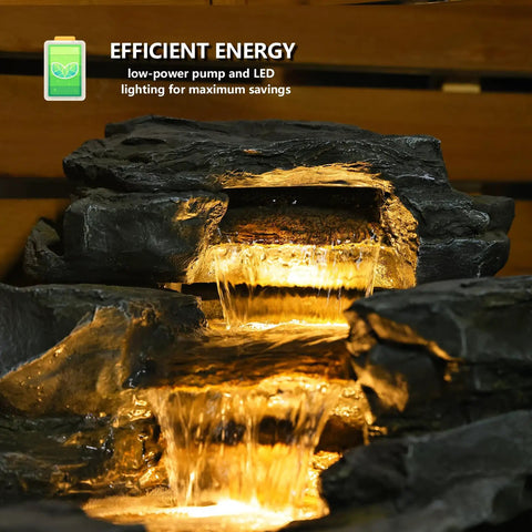 Epic 37 Inch Outdoor Floor Standing Five Tier Rock Waterfall Fountain With LED Lights glowing at night