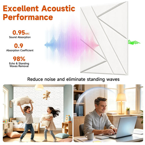 Super Easy Peel And Stick Acoustic Wall Panels High Density Polyester Fiber Sound Absorbing Tiles 12 Pack Snow White noise reducer for home studio.