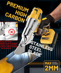 Cordless Metal Shears With 360 Degree Pivoting Head 20V Max Compatibility 221 Ft Lbs Torque with stainless steel blade cutting metal.