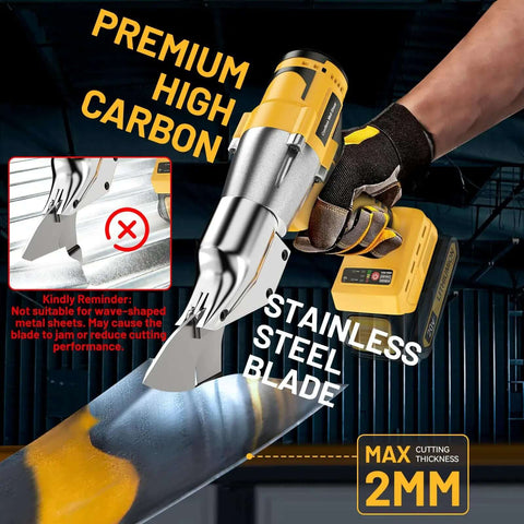 Cordless Metal Shears With 360 Degree Pivoting Head 20V Max Compatibility 221 Ft Lbs Torque with stainless steel blade cutting metal.
