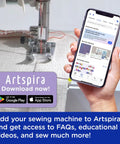 No Sweat Dead Simple Sewing Machine With 37 Built In Stitches And Automatic Needle Threader Including Drop In Top Bobbin and phone showing app.