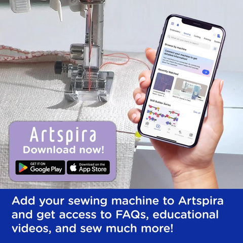 No Sweat Dead Simple Sewing Machine With 37 Built In Stitches And Automatic Needle Threader Including Drop In Top Bobbin and phone showing app.