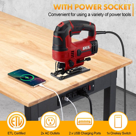 Heavy Duty 48 Inch Height Adjustable Workbench With Wheels And Socket 2000 Lbs Load Capacity Rubber Wood Top Hardwood Workstation