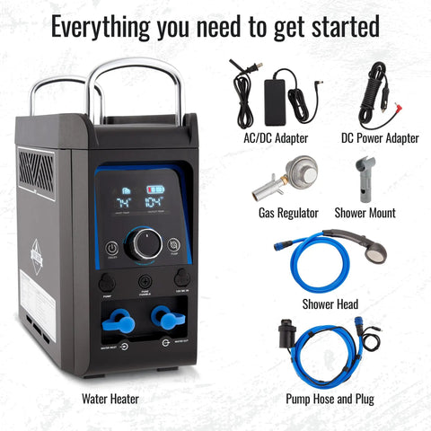 Propane Water Heater And Rechargeable Portable Outdoor Shower System With Shower Head Attachment Delivers Instant Hot Water For Camping, Hiking, Glamping And Vacationing On The Go, shown with accessories including AC/DC adapter, gas regulator, and shower head.