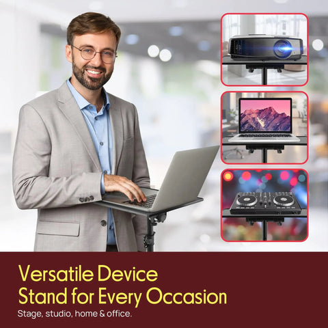 Man using Universal Laptop Projector Tripod Stand Foldable Design Heavy Duty Workhorse Mount with laptop in office.
