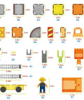 Components of the Magnetic Construction Vehicle Tiles Set 5 In 1 Buildable Crane Excavator Dump Truck Ladder Truck Backhoe With Two Car Bases.
