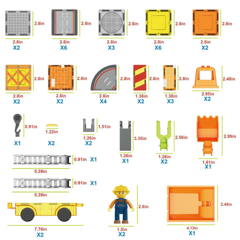 Components of the Magnetic Construction Vehicle Tiles Set 5 In 1 Buildable Crane Excavator Dump Truck Ladder Truck Backhoe With Two Car Bases.
