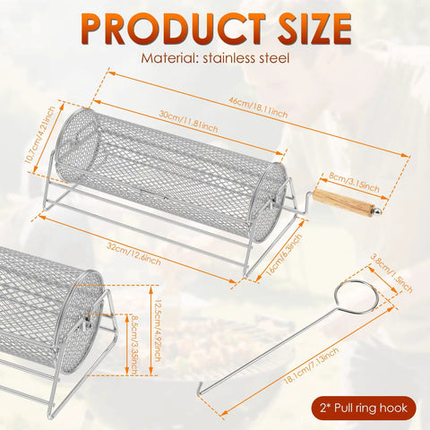 2 In 1 Rolling Grill Basket With Rotating Stand And Hooks Heavy Duty Stainless Steel Rotatable BBQ Mesh Cylinder dimensions