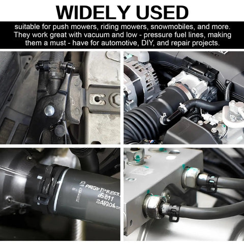 Collage showing 352 Piece Spring Band Hose Clamp Kit With 15 Sizes From 6 To 25 Mm In Grey used in various automotive applications.