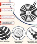 8 Piece Porcelain Drip Pans And Electric Stove Burner Replacement Set features burner element details and compatibility highlights.