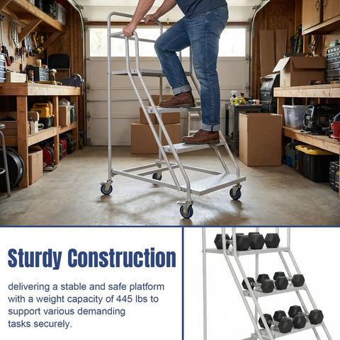 Badass Four Step Mobile Platform Ladder With Heavy Duty Rolling Wheels And Rock Solid Cold Rolled Steel Frame For Smooth Daily Tasks And No Sweat Commercial Upkeep