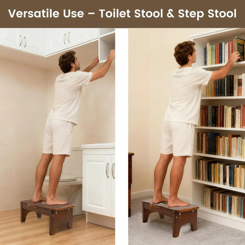 Man using Squatting Toilet Stool From USA Grown Solid Oak as step stool for cabinets and books, showcasing versatility.