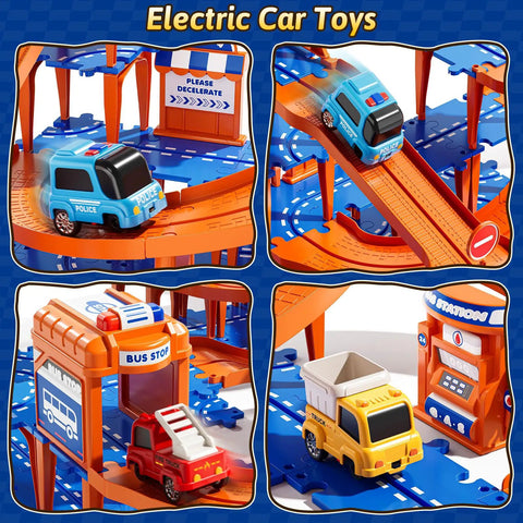 4 Tier Race Track Puzzle Set With 3 Cars For Kids Ages 3 To 8 displaying blue and red cars on an orange and blue track.