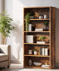 Straight Up Sturdy Five Tier Bookshelf Featuring Roomy Open Shelves For Prime Display And Zero Clutter Storage Plus High Quality Dope Living Room Decor Accents with green plants and books.