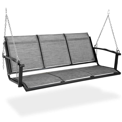 Textilene Three Seat Hanging Swing For Backyard Chill Sessions With 5.2 Ft Patio Bench Heavy Duty Outdoor Porch Swing With Sturdy Chains 660 Lb Capacity For Courtyard Garden Tree Yard, gray swing with chains