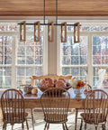 Dining room with Five Light Farmhouse Chandelier With Hand Painted Wood Accents And Black Finish Rustic Semi Flush Mount Ceiling Light Fixture