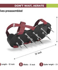 Lawn Aerator Shoes With Adjustable Straps Preassembled Spikes One Size Fits All showing dimensions and maroon straps