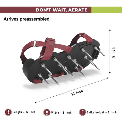 Lawn Aerator Shoes With Adjustable Straps Preassembled Spikes One Size Fits All showing dimensions and maroon straps