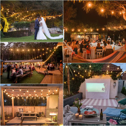 Outdoor events with 50 Ft LED Outdoor String Lights G40 Globe Dimmable Patio Lights Waterproof With 27 Warm White Shatterproof Bulbs.