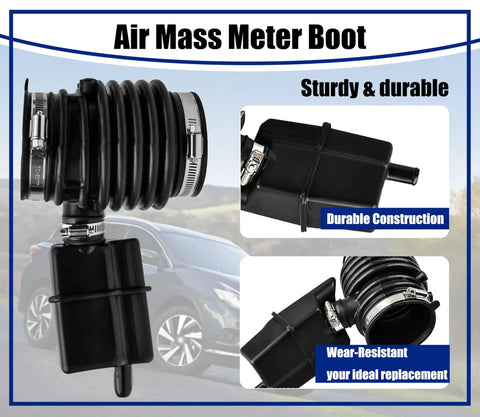 Air Intake Hose Replacement For Nissan Murano 2015-2023 And Pathfinder 2013-2016 Infiniti QX60 JX35, 165763JA0A shown in durable black with metal clamps and air mass meter boot