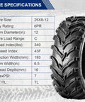 Image of Set Of 2 25x8-12 ATV UTV Beefy Mud Trail Tires 6 Ply Tubeless For Off Road Adventures, displaying tire specs and tread pattern.