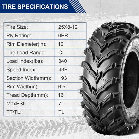 Image of Set Of 2 25x8-12 ATV UTV Beefy Mud Trail Tires 6 Ply Tubeless For Off Road Adventures, displaying tire specs and tread pattern.