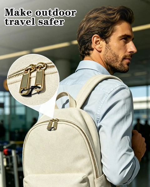 Beefy Anti Theft Zipper Clips For Backpacks Luggage And Purses attached to beige backpack zipper, airport background