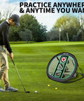 Golfer practicing chip shot with All In One Golf Chipping Net And Mat Set For Indoor Practice on green field