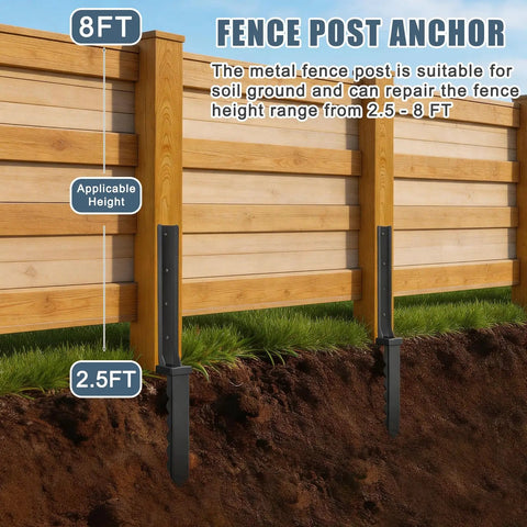 2 Pack Heavy Gauge Steel Fence Post Repair Kit With Ground Anchored Brackets next to wooden fence, showcasing 2.5 to 8 FT height adjustment.