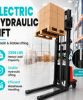 Heavy Duty Semi Electric Pallet Stacker Boasting 3,306 Lbs Capacity And Nearly Eight Feet Lift Height For Smooth Forklift Work In Your Warehouse with raised pallet in warehouse.